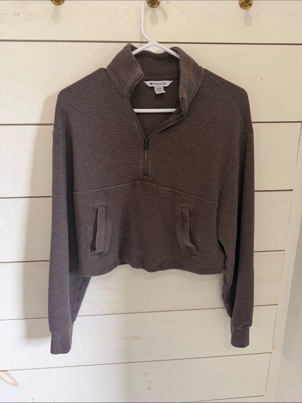 Athleta Cropped Quarter-Zip Waffle Pullover - Brown